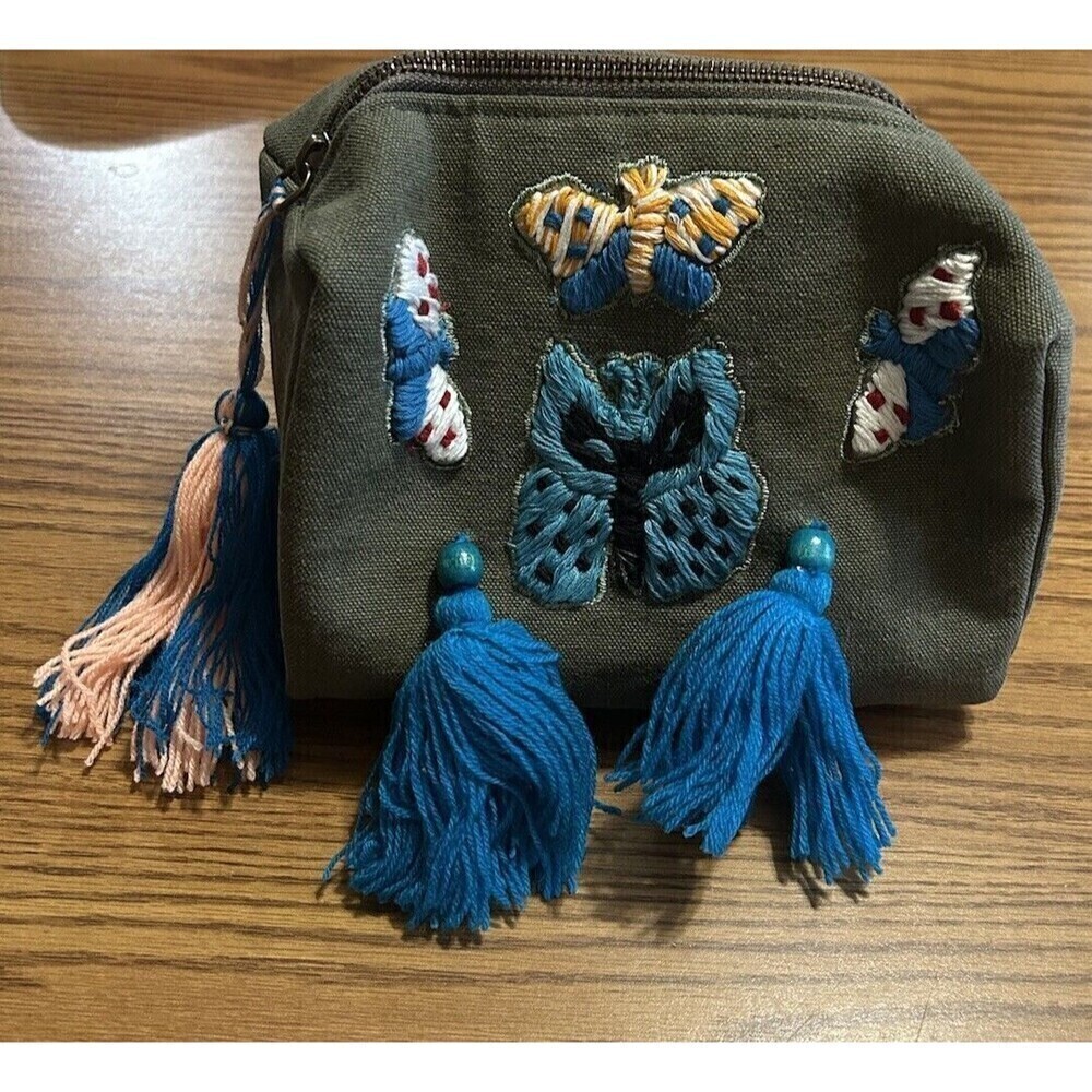 NEW Anthropologie Raj Cotton Canvas Embroidered Butterfly Tassels Green Zip